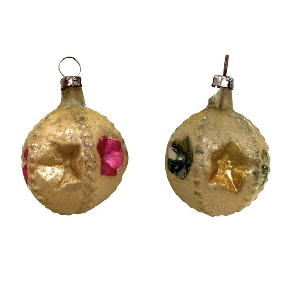 2 Vintage Miniature Feather Tree Star-Shaped Indent Glass Christmas Ornaments - Picture 1 of 7